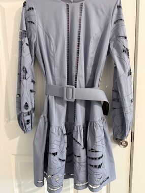 Kosmika Gray Cutwork Belted Mini Dress Floral Balloon Sleeve Size 38